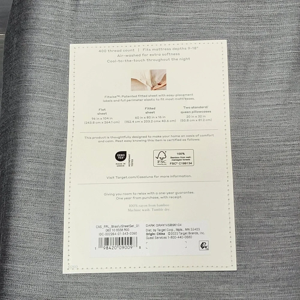 Casaluna‎ Blissful Sheet Set Queen Dark Gray Rayon from Bamboo 400TC 4pc New